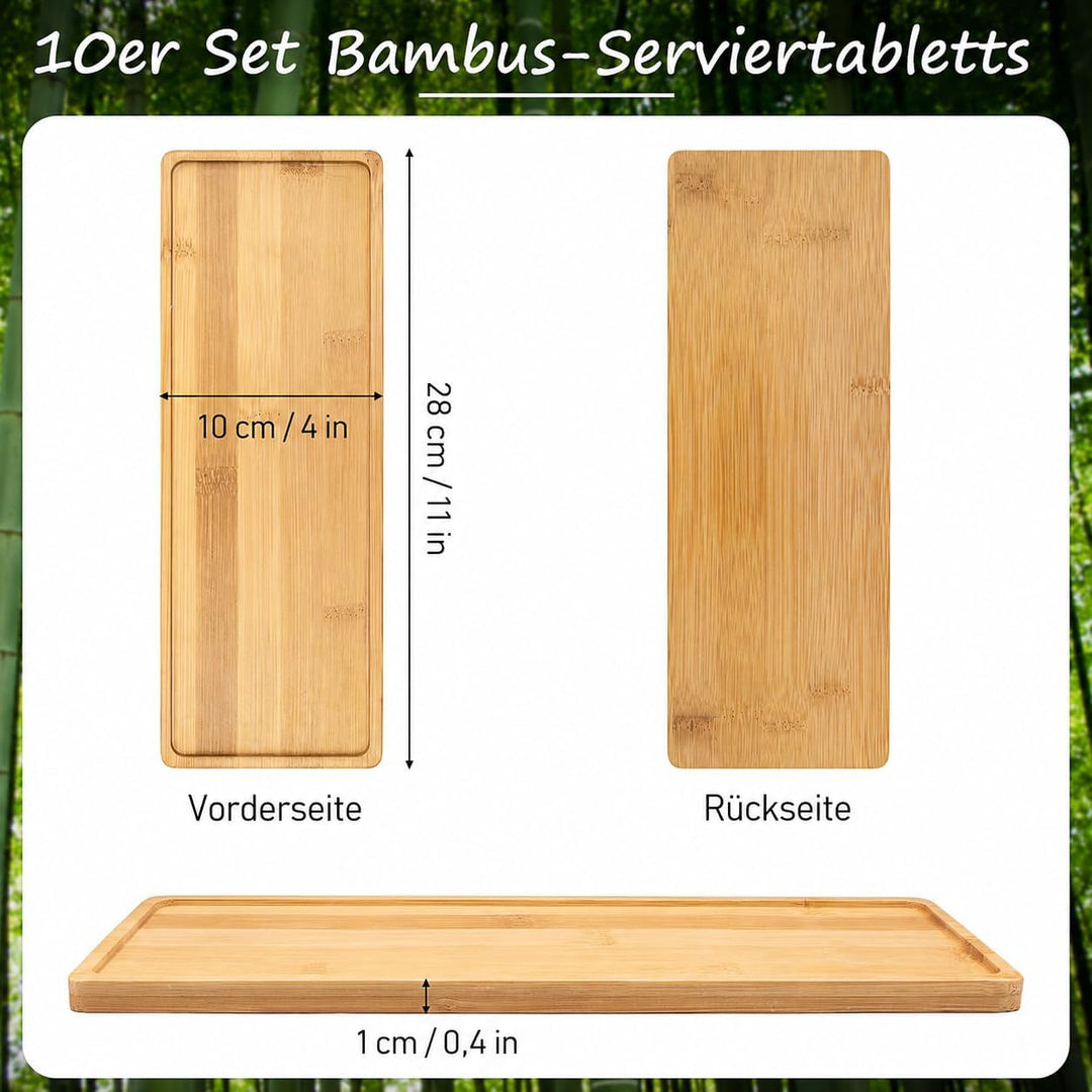 10 Stück Kleine Bambus Tabletts, 28 x 10 cm Rechteckig Holztablett, Holz Serviertabletts Servierplat
