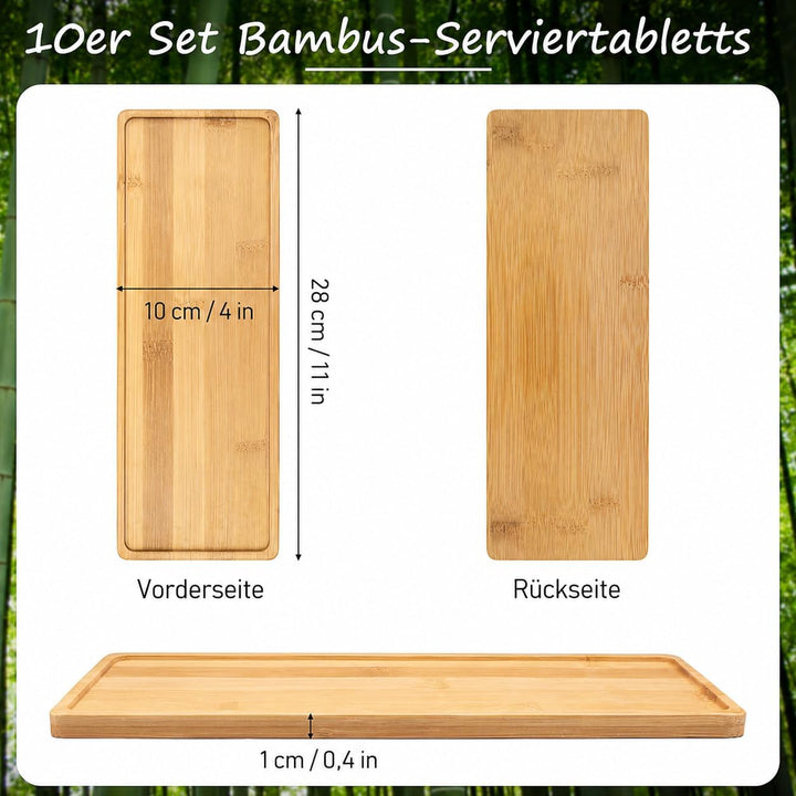 10 Stück Kleine Bambus Tabletts, 28 x 10 cm Rechteckig Holztablett, Holz Serviertabletts Servierplat