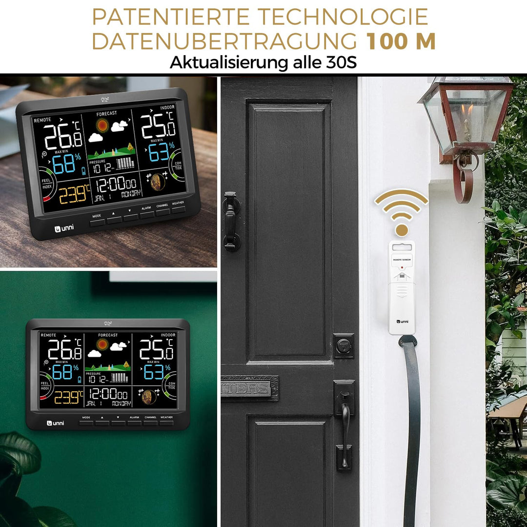 Funk Wetterstation mit Aussensensor Batteriebetrieb und Netzbetrieb mit DCF Funkuhr， Wettervorhersag