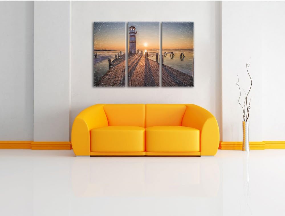 Pixxprint Leuchtturm am Steg als Leinwandbild/Grösse: 3 Teilig (120x80 cm) cm/Wandbild/Kunstdruck/fe