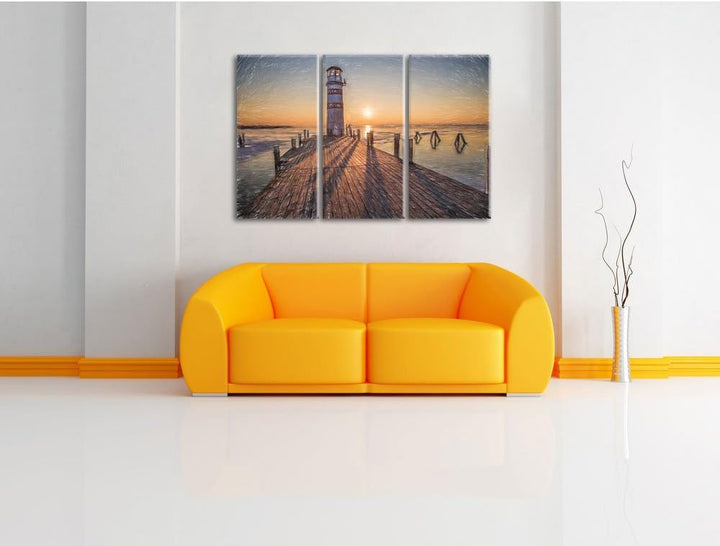 Pixxprint Leuchtturm am Steg als Leinwandbild/Grösse: 3 Teilig (120x80 cm) cm/Wandbild/Kunstdruck/fe