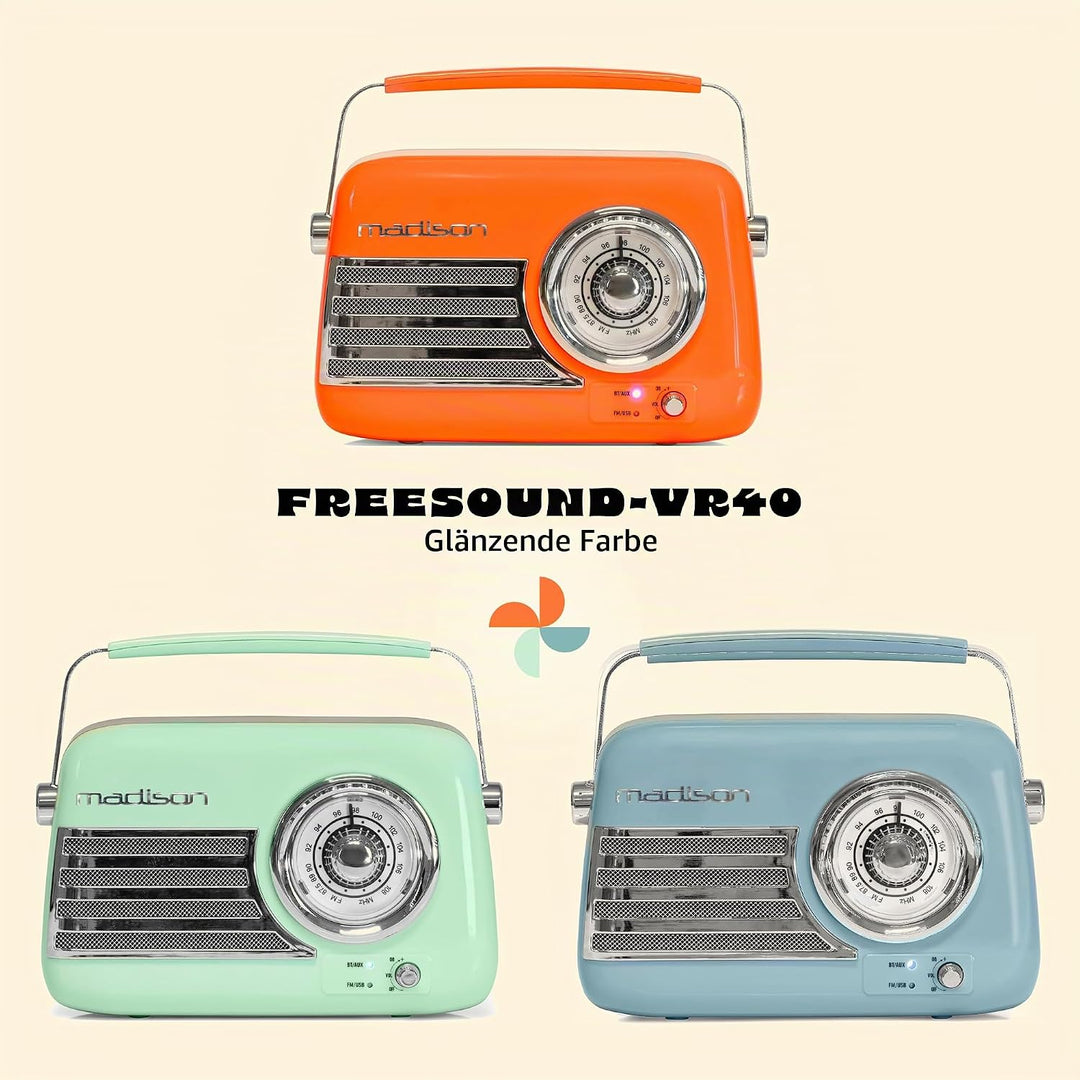 Madison - FREESOUND-VR40GR - Vintage-Radio 30W auf langer Batterie - Bluetooth, USB &amp; FM - Blassgrün