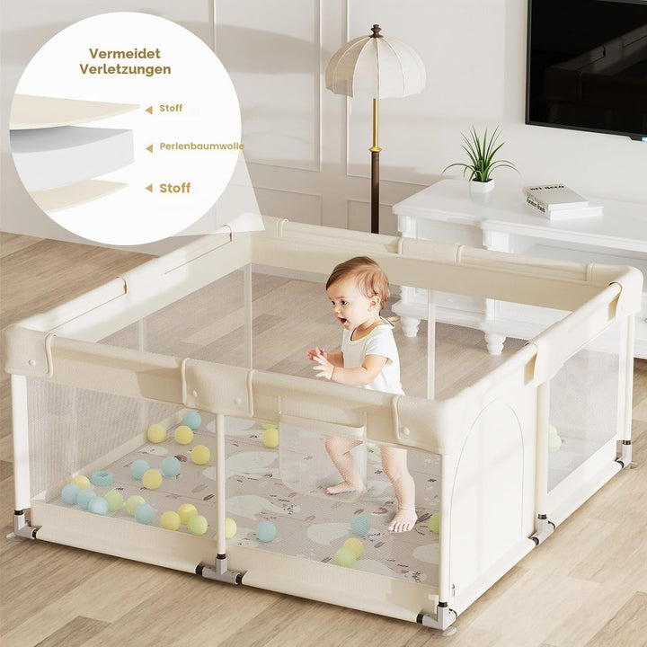 Laufstall Baby mit Matratze, Beige 120x120 Kleines Laufgitter Baby mit Matte, Laufstall für Apartmen