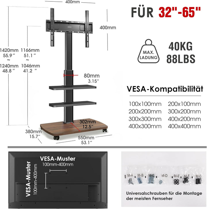 AOKCOS TV Ständer Rollbar mit Holzablage 2 Regal, Fernsehständer auf Rollen für 32-65 Zoll TV, TV Bo