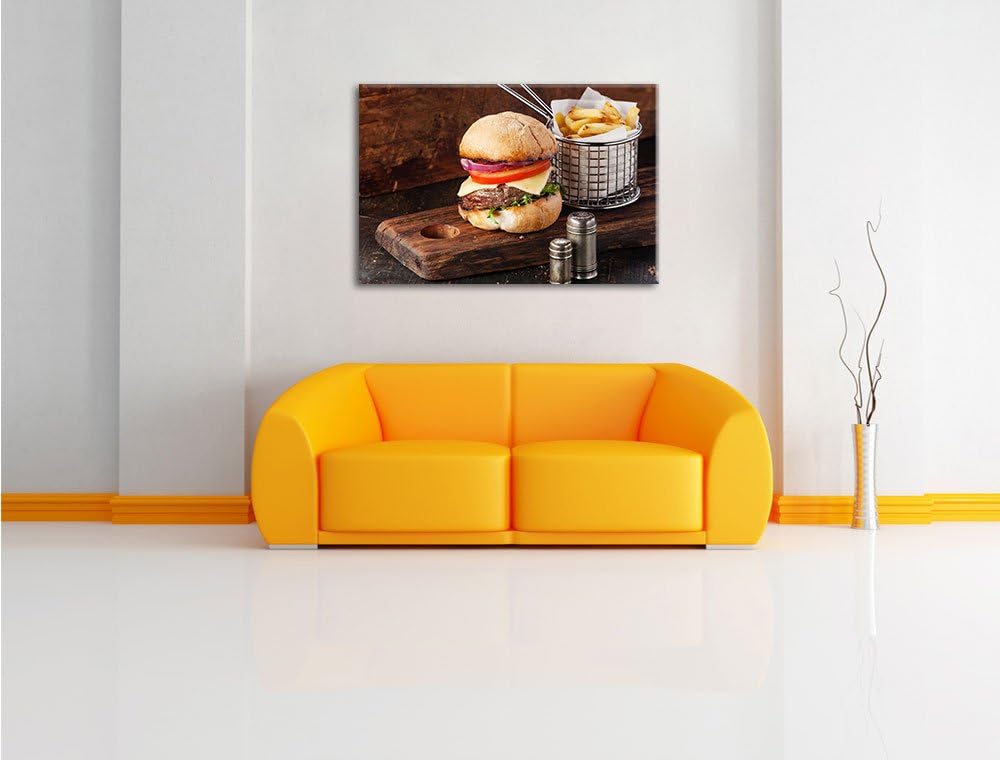 Cheesburger mit Pommes, Format: 100x70 auf Leinwand, XXL riesige Bilder fertig gerahmt mit Keilrahme