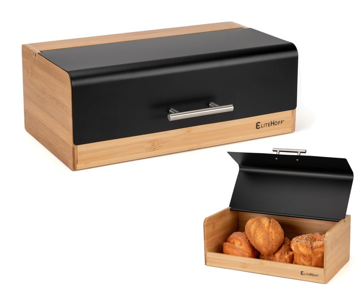 EliteHoff Brotkasten Bambus Metall, Brotbox Rechteckig ca. 36 x 20 x 14 cm, Brotbox mit Klappdeckel,
