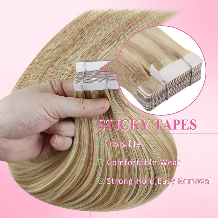YoungSee Tape in Extensions Echthaar Blond 35cm Tape Extensions Aschblond mit Platinblond Tape Echth