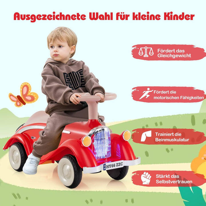 GOPLUS Kinder Rutschauto, Retro Classic Schiebeauto, Kinder Rutschfahrzeug mit Lenkrad, Hupe, LED-Sc