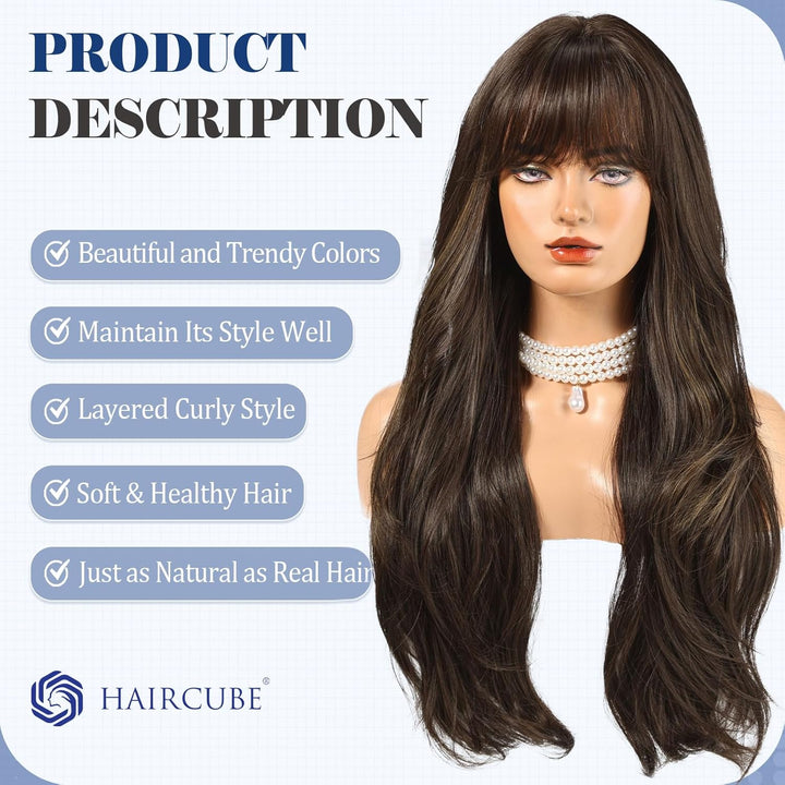 HAIRCUBE Lange braune Perücke mit Pony, geschichtete lockige Perücken für Frauen, natürliche synthet