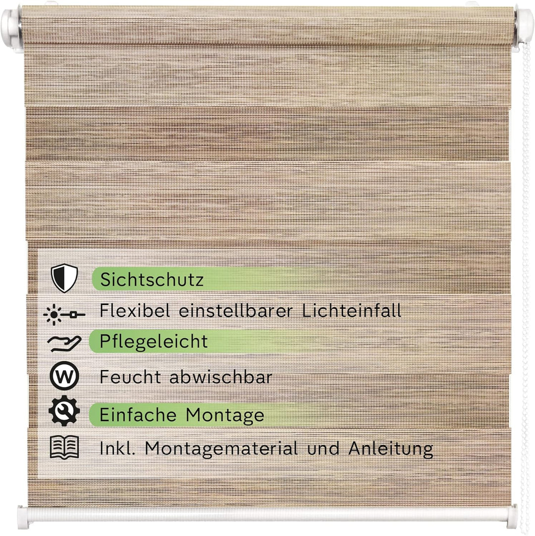 Rikmani Doppelrollo Fensterrollo LUIS Duo-Rollo Klemmfixierung Zebrarollo Seitenzugrollo ohne Bohren
