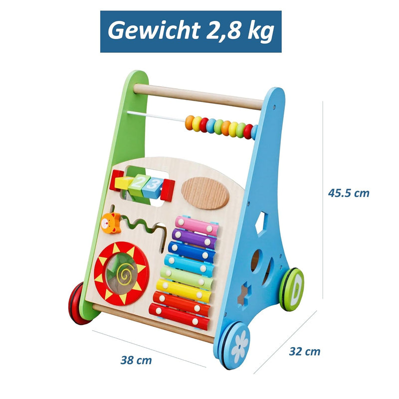 COIL 3-in-1 Holzpuppenwagen Lernspielzeug Musikwagen Laufhilfe Labyrinth Abakus Becken Trommel Forme