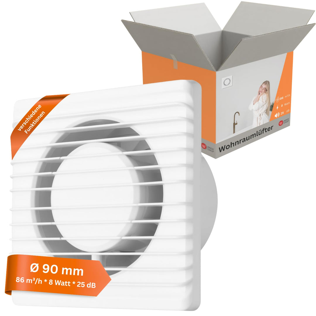 MKK Badlüfter 90mm Wandmontage Leise Lüfter Wohnraumlüfter Weiss (Kabel + Schalter), Kabel + Schalte