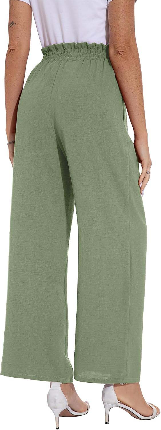 PrinStory Damen Hose Mit Weitem Bein Leichte Elastische Taille Sommer Hose Mit Taschen Kausale Arbei