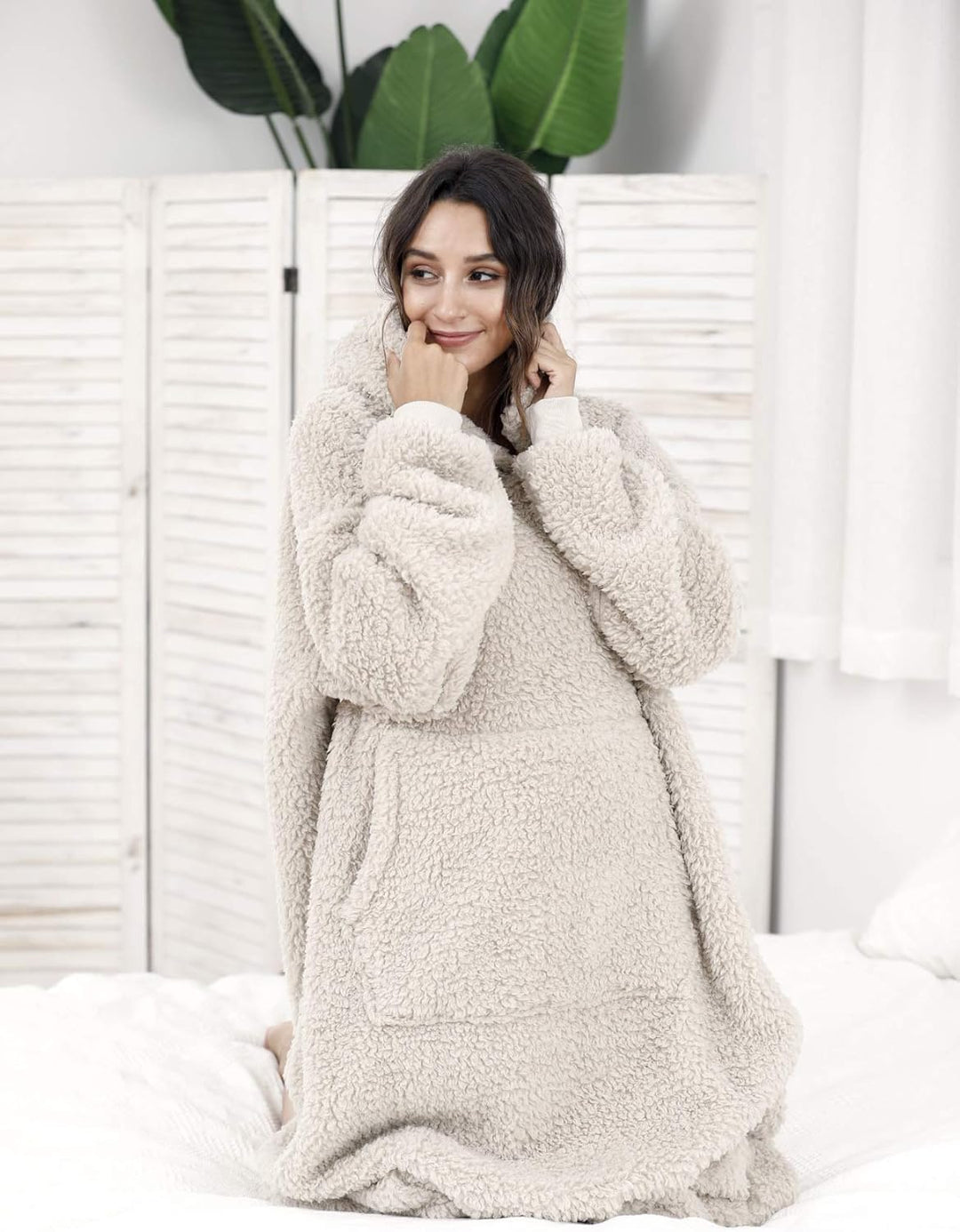 ililmmoe Sherpa tragbare Decke Übergrosse Hoodie Sweatshirt TV Decke mit Langen Ärmeln und Tasche-Be