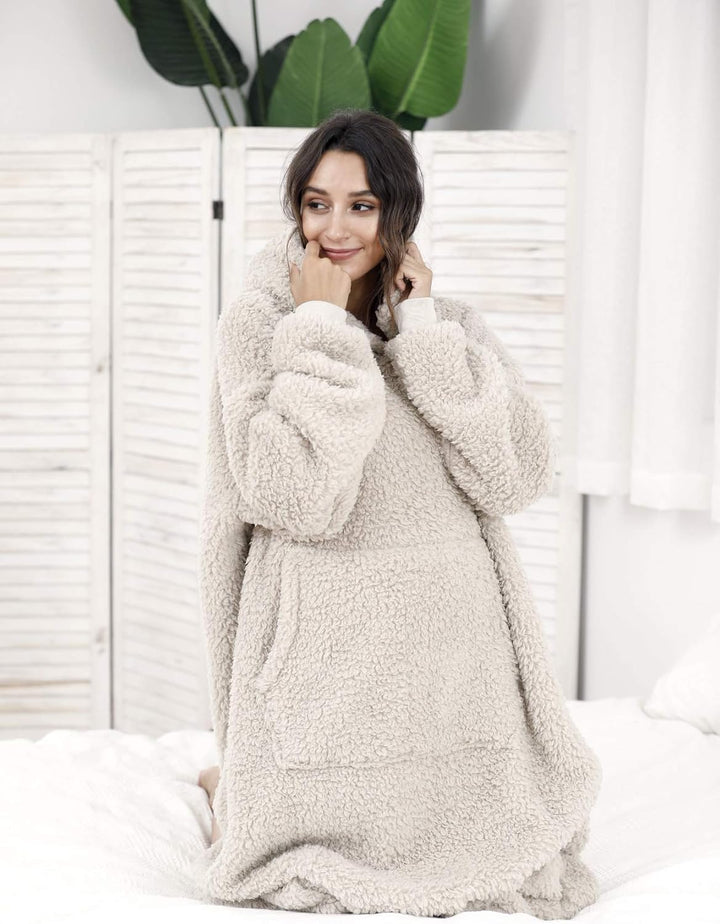 ililmmoe Sherpa tragbare Decke Übergrosse Hoodie Sweatshirt TV Decke mit Langen Ärmeln und Tasche-Be