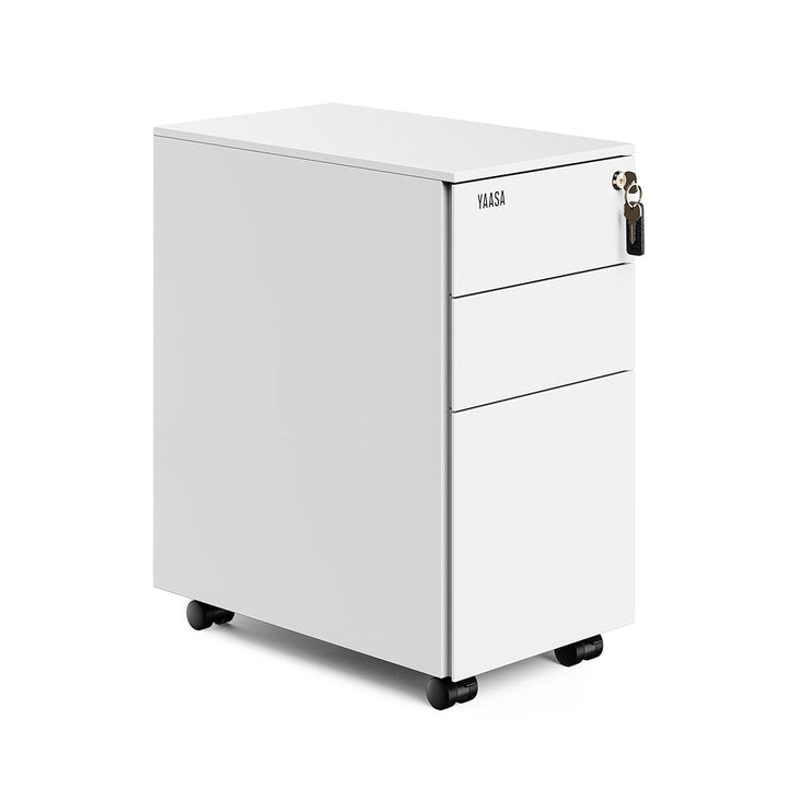 Yaasa File Cabinet Edged Kompakt Weiss - Rollcontainer aus Stahl, Aktenschrank mit 3 verschliessbare