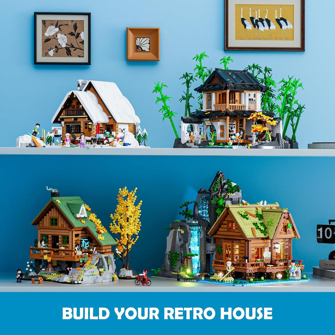 Lumibricks Waterfall Cabin Bauset mit Licht – 2539 Teile Retro Holzhaus mit beweglichem Wasserfall &