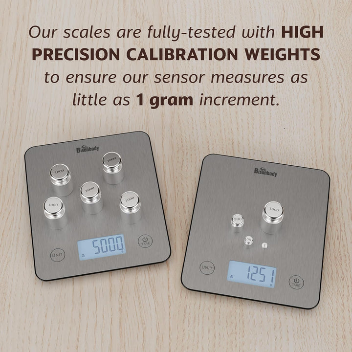Bisonbody Smart Digital Kitchen Scale, Stainless Steel Metalic Design Weighing Platform, Measure Cal