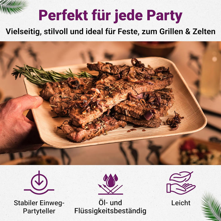 Waipur Bio Palmblatt Teller mit Holzbesteck - je 200 grosse Teller, Messer und Gabeln - Premium Einw