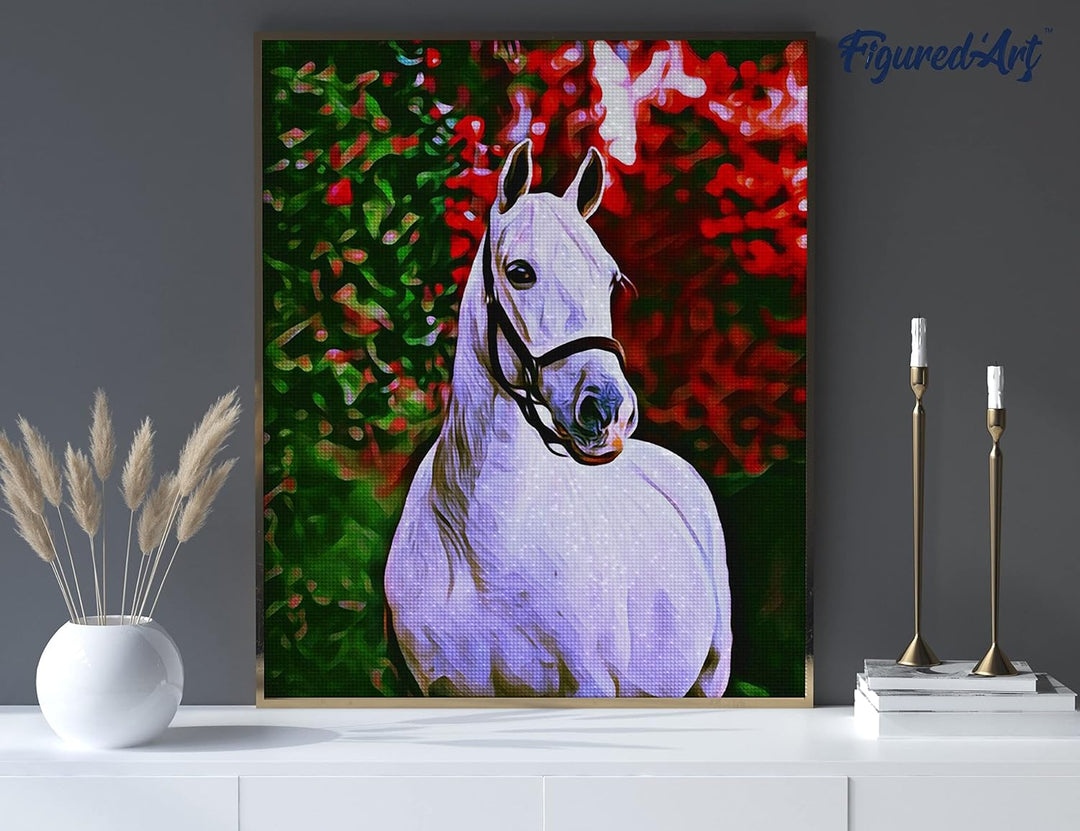 Figured'Art Diamond Painting Erwachsene 40x50cm Mit Rahmen Ganze Leinwand gespannt Weisses Pferd 5D