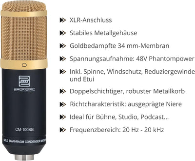 Pronomic CM-100BG Studio Grossmembranmikrofon XLR-Kondensatormikrofon (mit Mikrofonspinne, Etui, Win