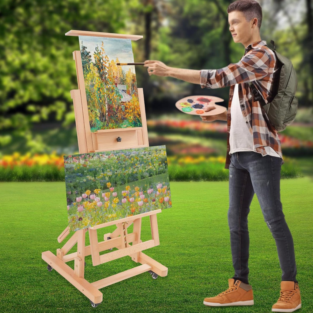 Profi Holz Staffelei 140-300cm höhenverstellbar mit Rollen – Easel Stand für Malerei und Zeichnen, A