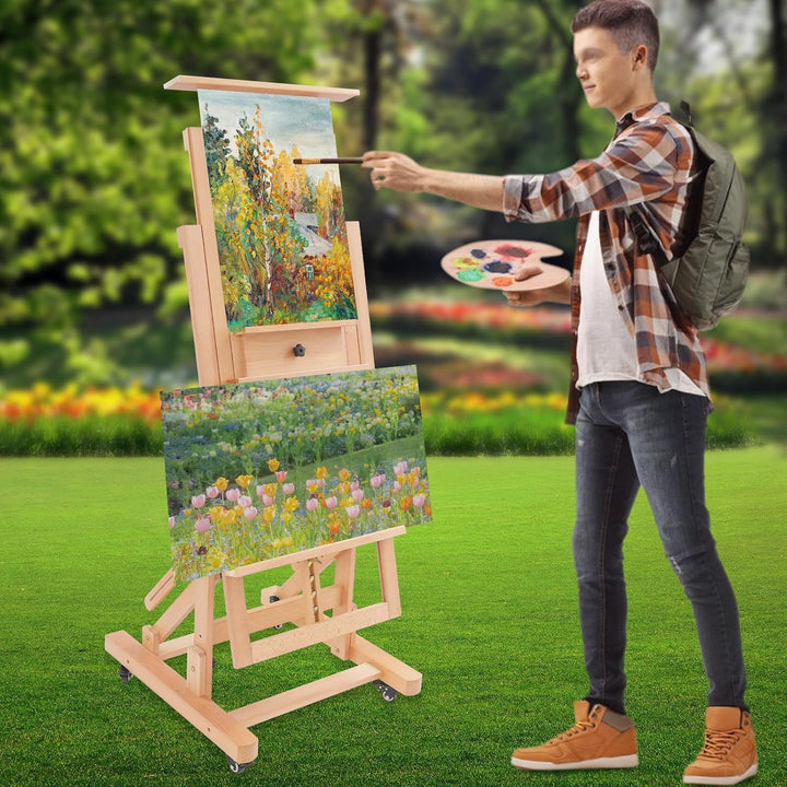 Profi Holz Staffelei 140-300cm höhenverstellbar mit Rollen – Easel Stand für Malerei und Zeichnen, A