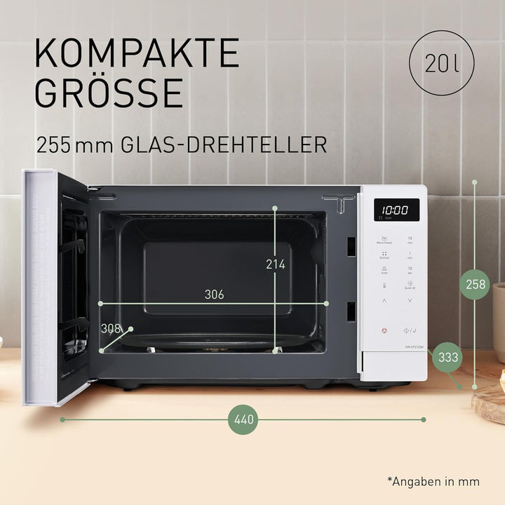 Panasonic NN-ST21QWEPG 20L Solo-Mikrowelle mit Drehteller, 800 W, automatisches Auftauen, 11 Automat