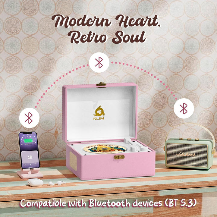 KLIM Retro CD Player – Tragbarer CD-Player mit Lautsprecher, Bluetooth-Empfänger, AUX, USB, Akku, Re
