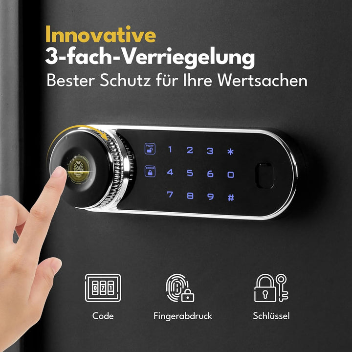 LEBENLANG 43L Safe Tresor für Zuhause - Mit Fingerabdrucksensor & Feuerfester Dokumententasche I Sch