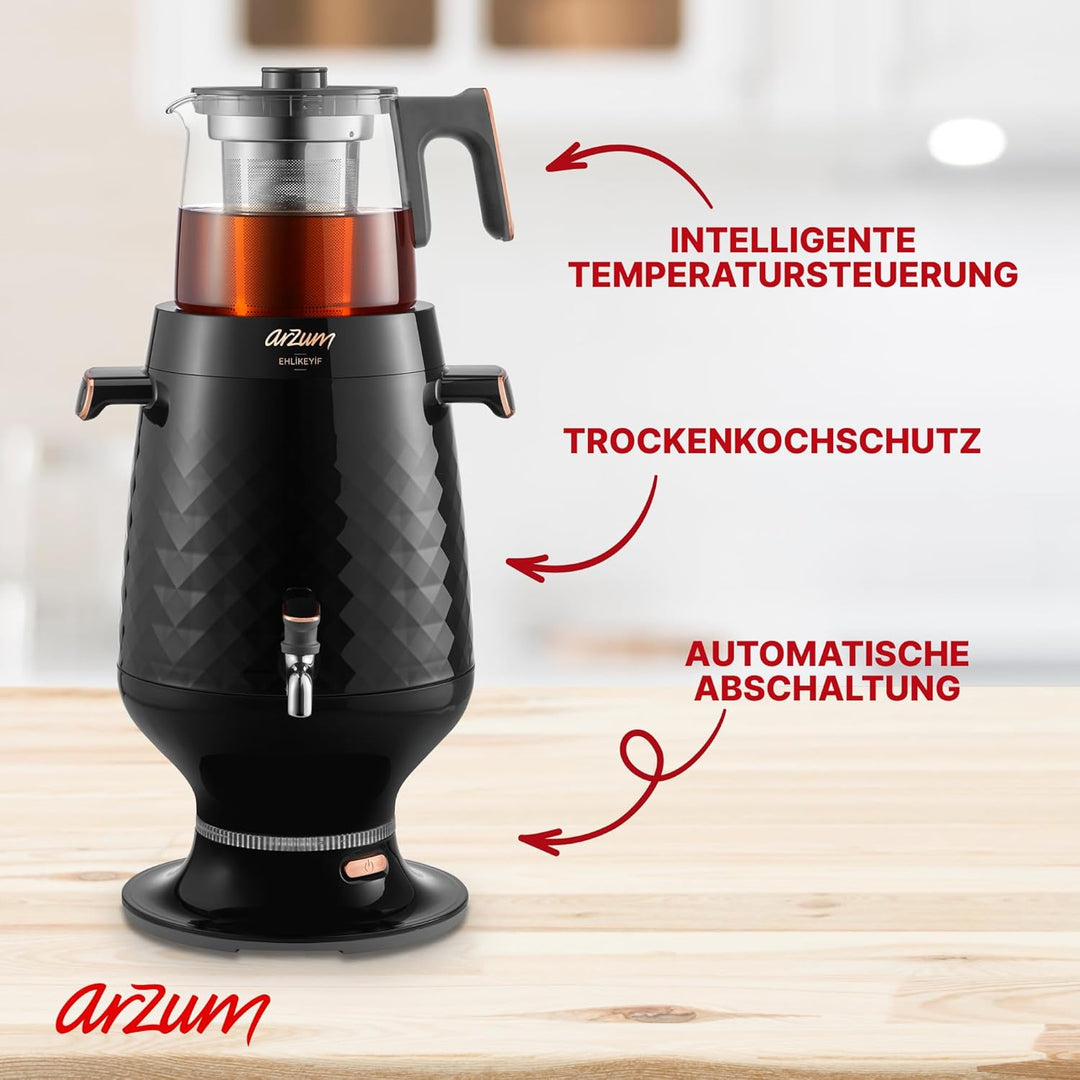 Arzum Ehlikeyf Tea Samovar, TEE MASCHINE, türkische Teekanne 2200 W, Wasserkocher mit 3,5 Liter Fass