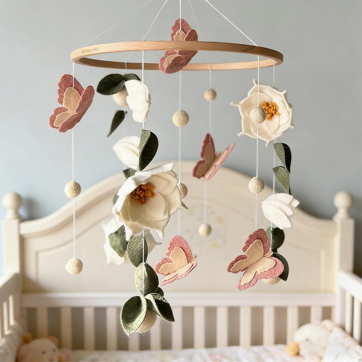 Baby Mobile Blumen & Schmetterlinge, Mobile fürs Babybett und Wickeltisch, Babyzimmer Deko mit Waldm