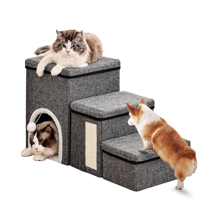 4 in 1 Faltbare Hundetreppe für Bett &amp; Sofa, 3 Stufen Haustierleiter mit Aufbewahrungsboxen, Katzenh