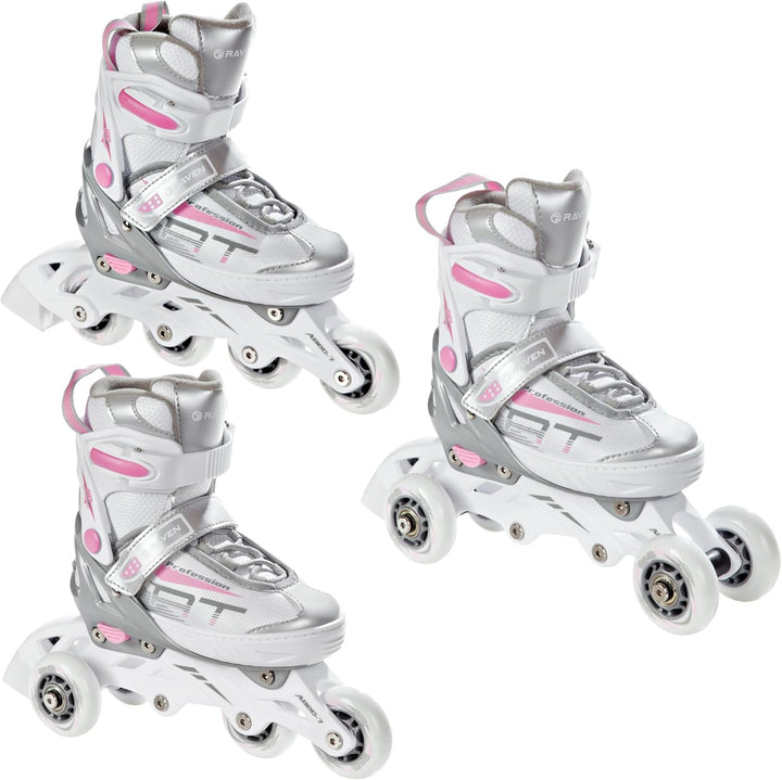 3in1 Inline Skates Inliner Triskates Rollschuhe Raven Profession Weiss/Rosa 35-39(23cm-25,5cm), Weis