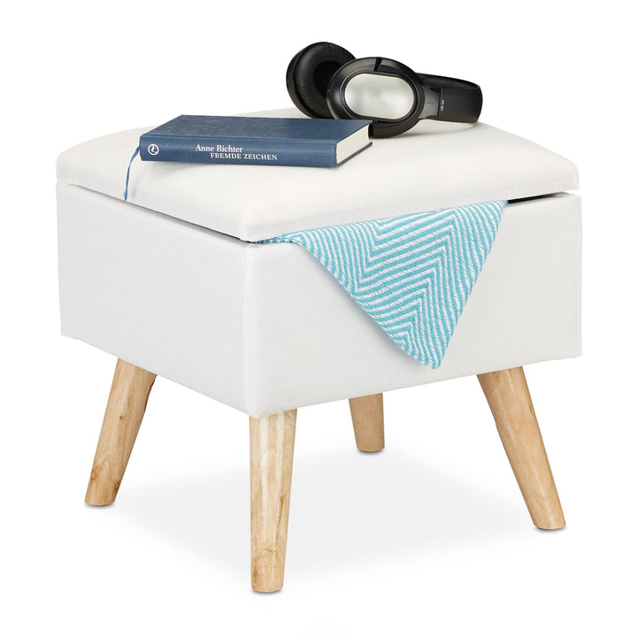 Relaxdays, weiss Hocker mit Stauraum, Kunstleinen-Bezug, gepolstert, Holzbeine, Fusshocker mit Decke
