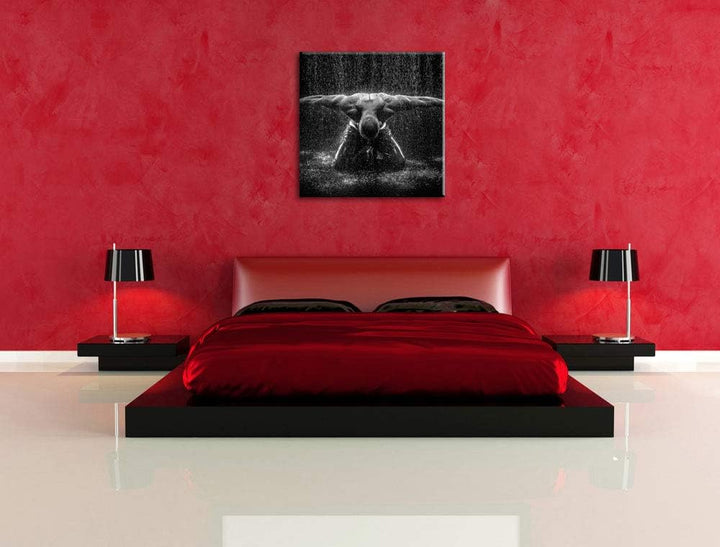 Bodybuilder im Regen, Format: 70x70 auf Leinwand, XXL riesige Bilder fertig gerahmt mit Keilrahmen,