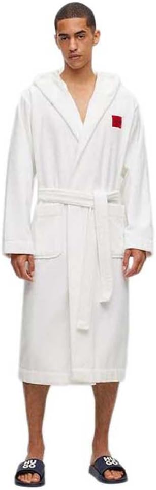 HUGO Herren Terry Gown Hooded Morgenmantel aus Baumwoll-Terry mit Kapuze und rotem Logo-Etikett M Wh