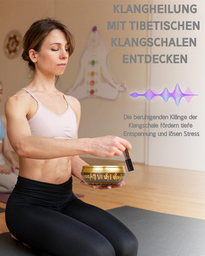 Hihealer Tibetanische Klangschalen-Set 100% Handgefertigt in Nepal, Grosse Klangschale mit Anleitung