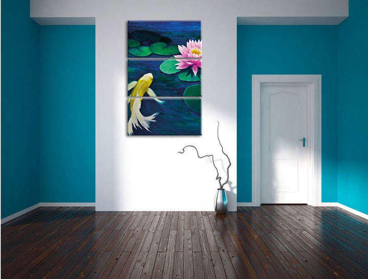 Pixxprint Koi mit Seerose Kunst als Leinwandbild - Grösse: 3-Teilig (120x80cm) - Wandbild - Kunstdru