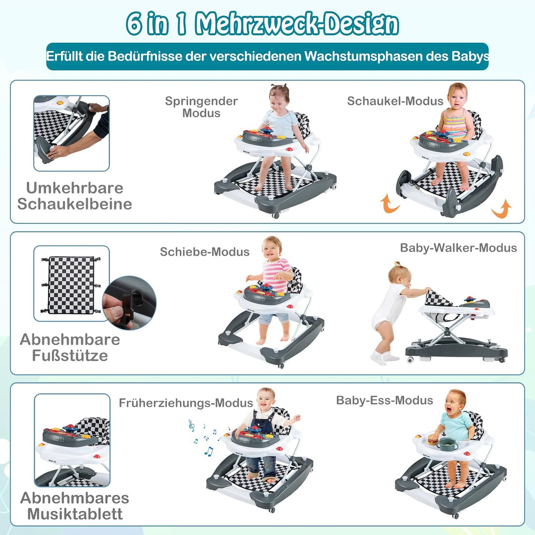 DREAMADE 6-in-1 Lauflernhilfe, Höhenverstellbar Baby Walker mit Musik & Abnehmbarem Sitz, Lauflernwa