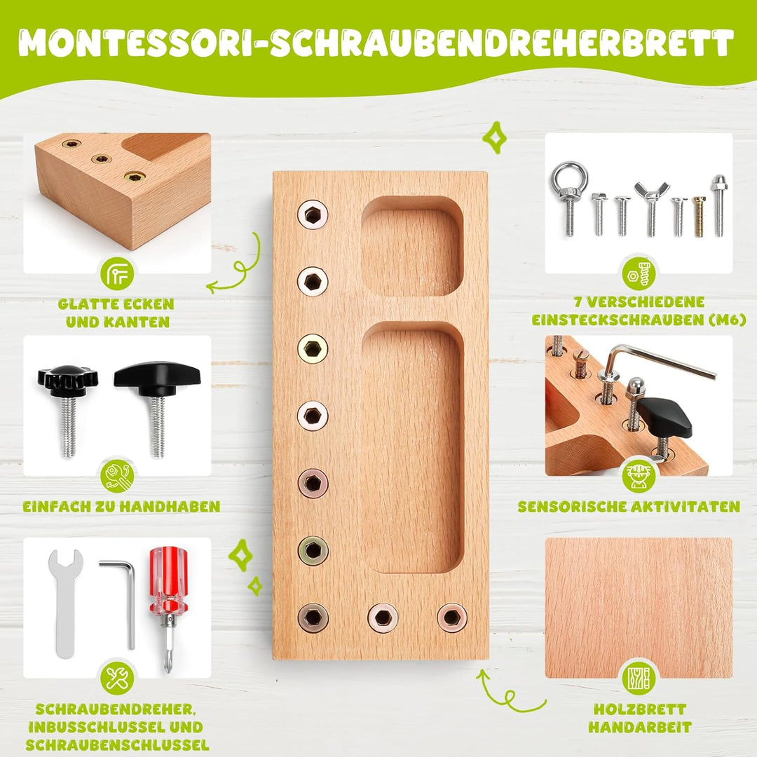 TenFans Montessori Schraubbrett aus Naturholz - Manuelles Lernspiel für Kinder ab 1 Jahr - Feinmotor