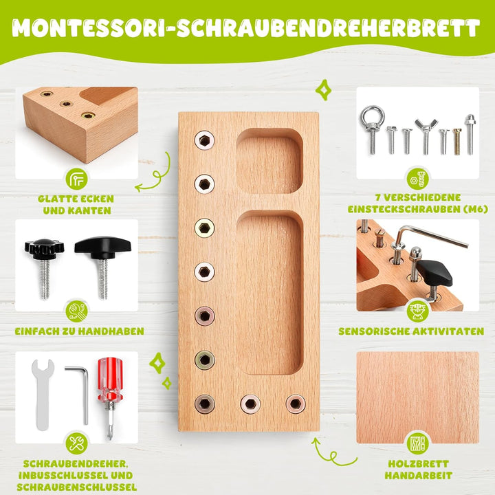 TenFans Montessori Schraubbrett aus Naturholz - Manuelles Lernspiel für Kinder ab 1 Jahr - Feinmotor