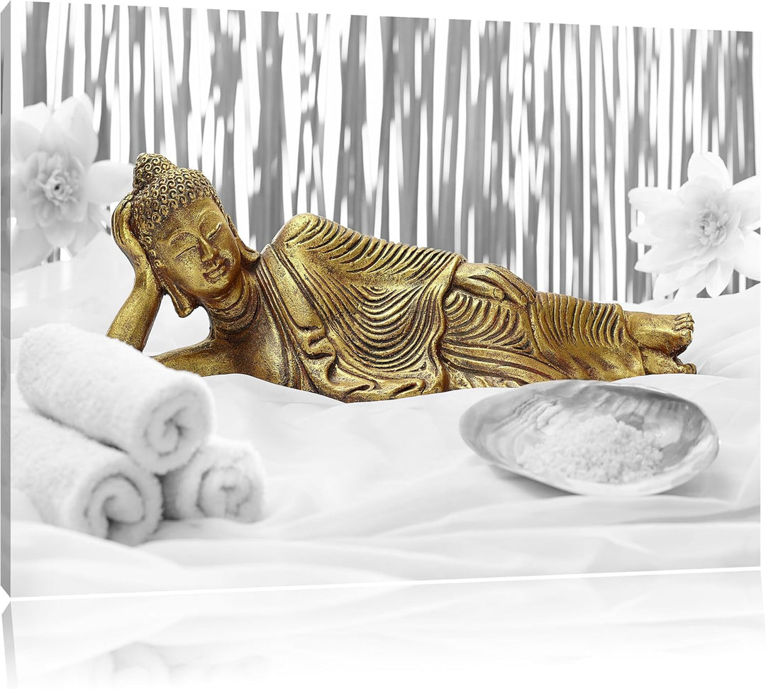 Pixxprint Goldener Buddha auf Handtuch / 100x70cm Leinwandbild bespannt auf Holzrahmen/Wandbild Kuns