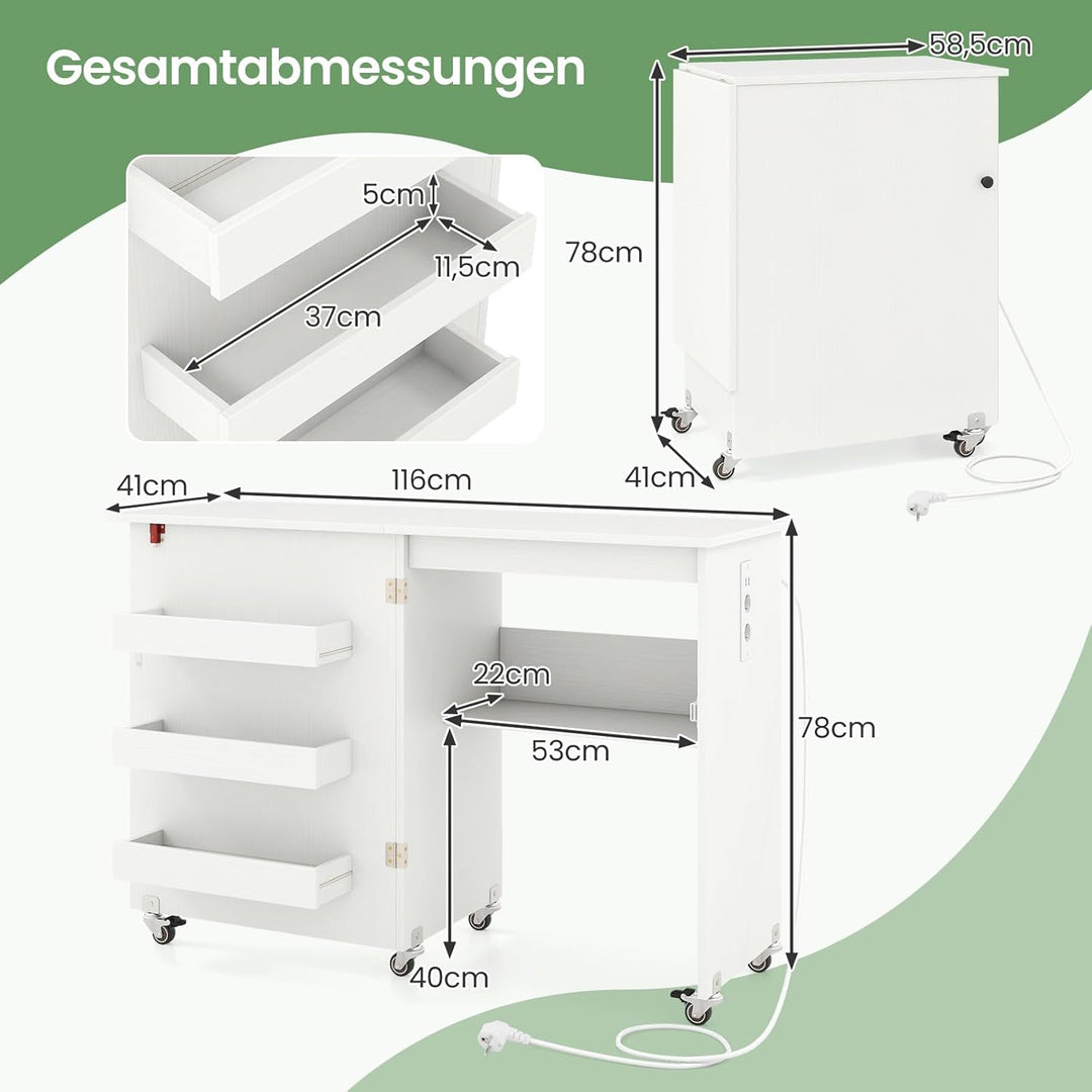 GIANTEX Nähtisch mit Ladestation, Nähmaschinentisch klappbar, Nähschrank mit Rollen, Nähmaschinensch