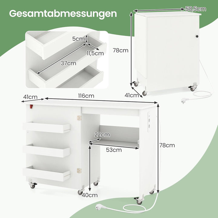 GIANTEX Nähtisch mit Ladestation, Nähmaschinentisch klappbar, Nähschrank mit Rollen, Nähmaschinensch