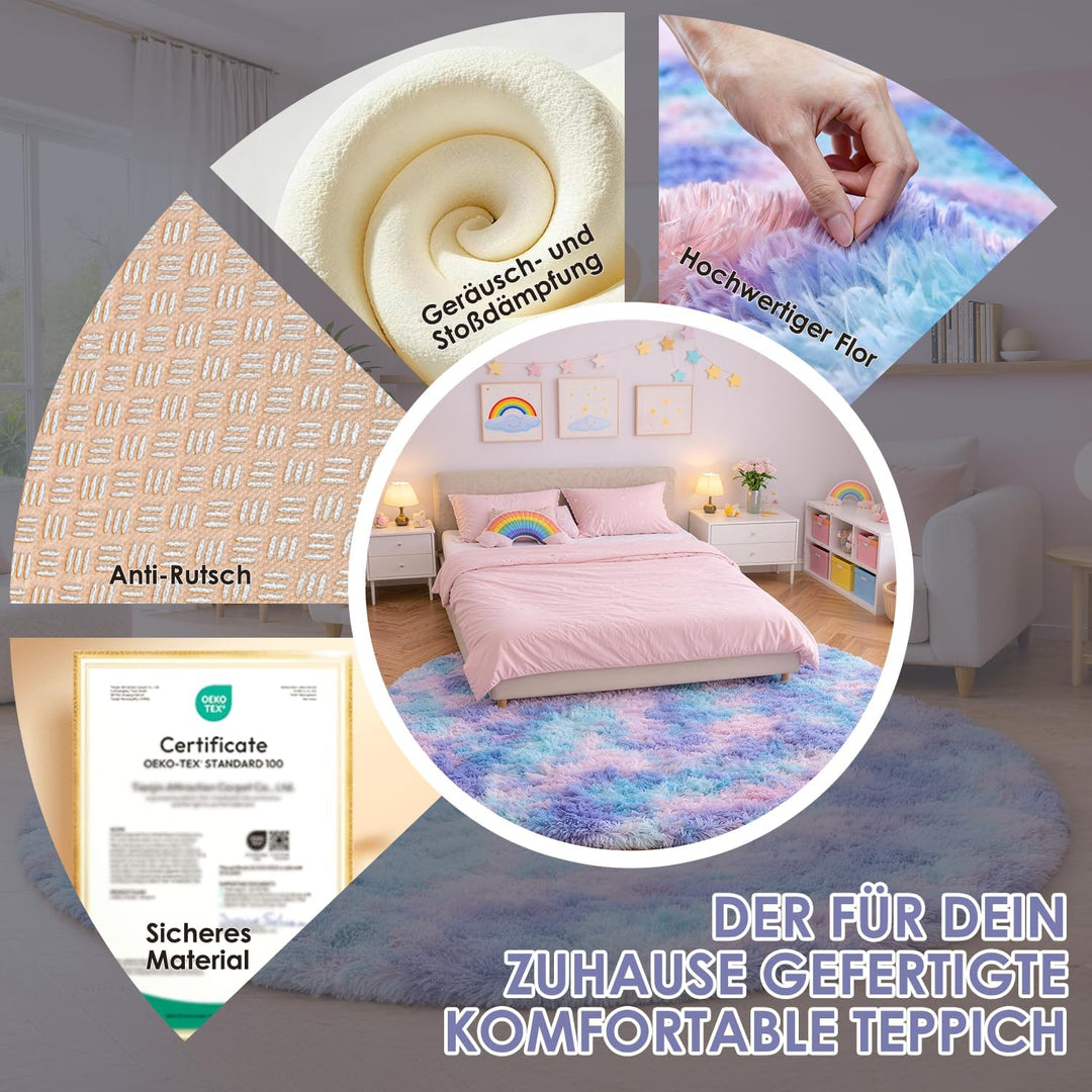 Teppich Schlafzimmer Rund 150 cm Blau-violett Waschbar Rutschfester Runder Hochflorteppich Wohnzimme