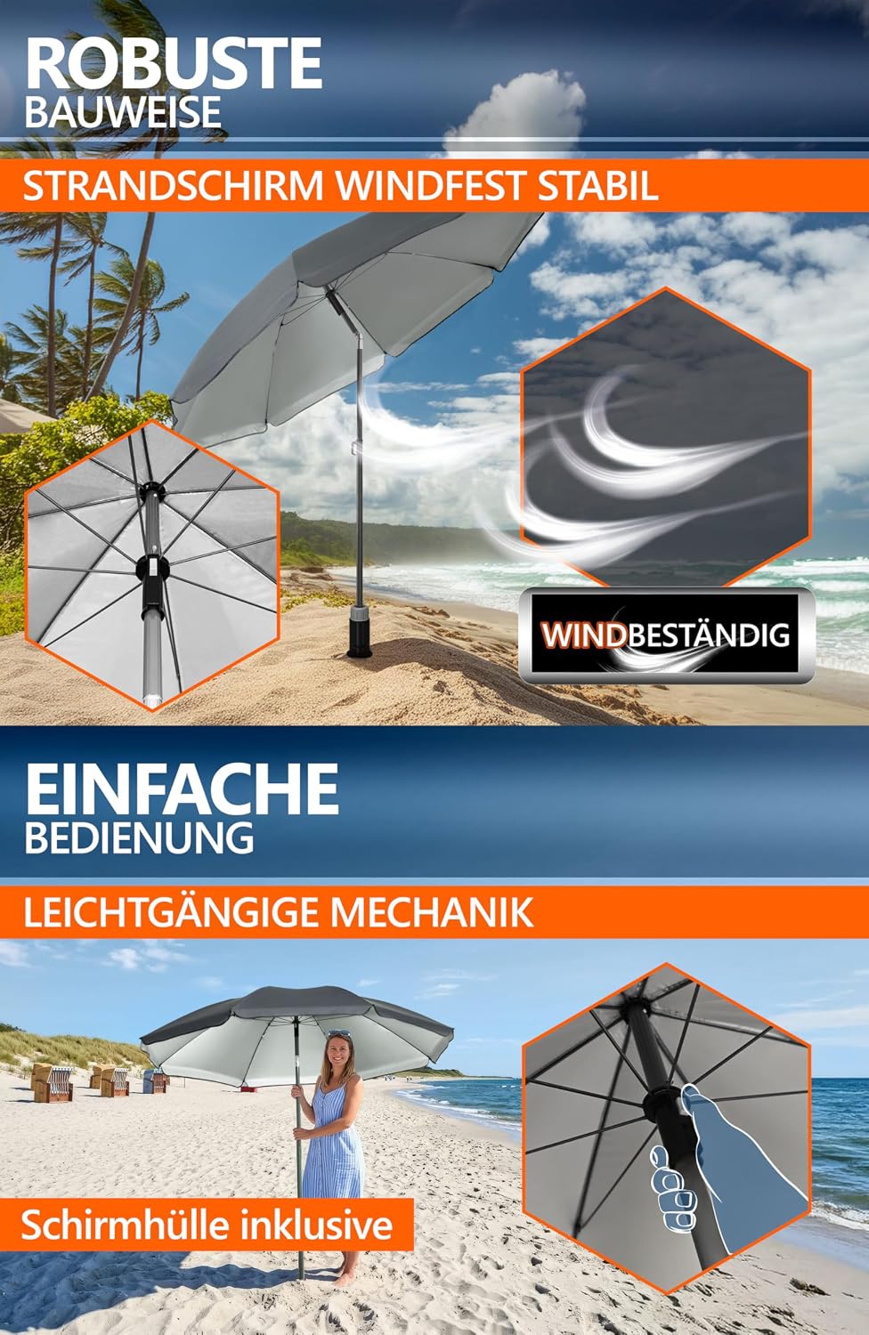 4smile Sonnenschirm Strand Ø 200 cm, Anthrazit | UPF 50+ Strandschirm, sicherer Sonnenschutz Strand,