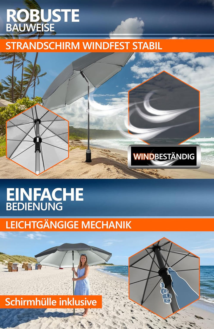 4smile Sonnenschirm Strand Ø 200 cm, Anthrazit | UPF 50+ Strandschirm, sicherer Sonnenschutz Strand,