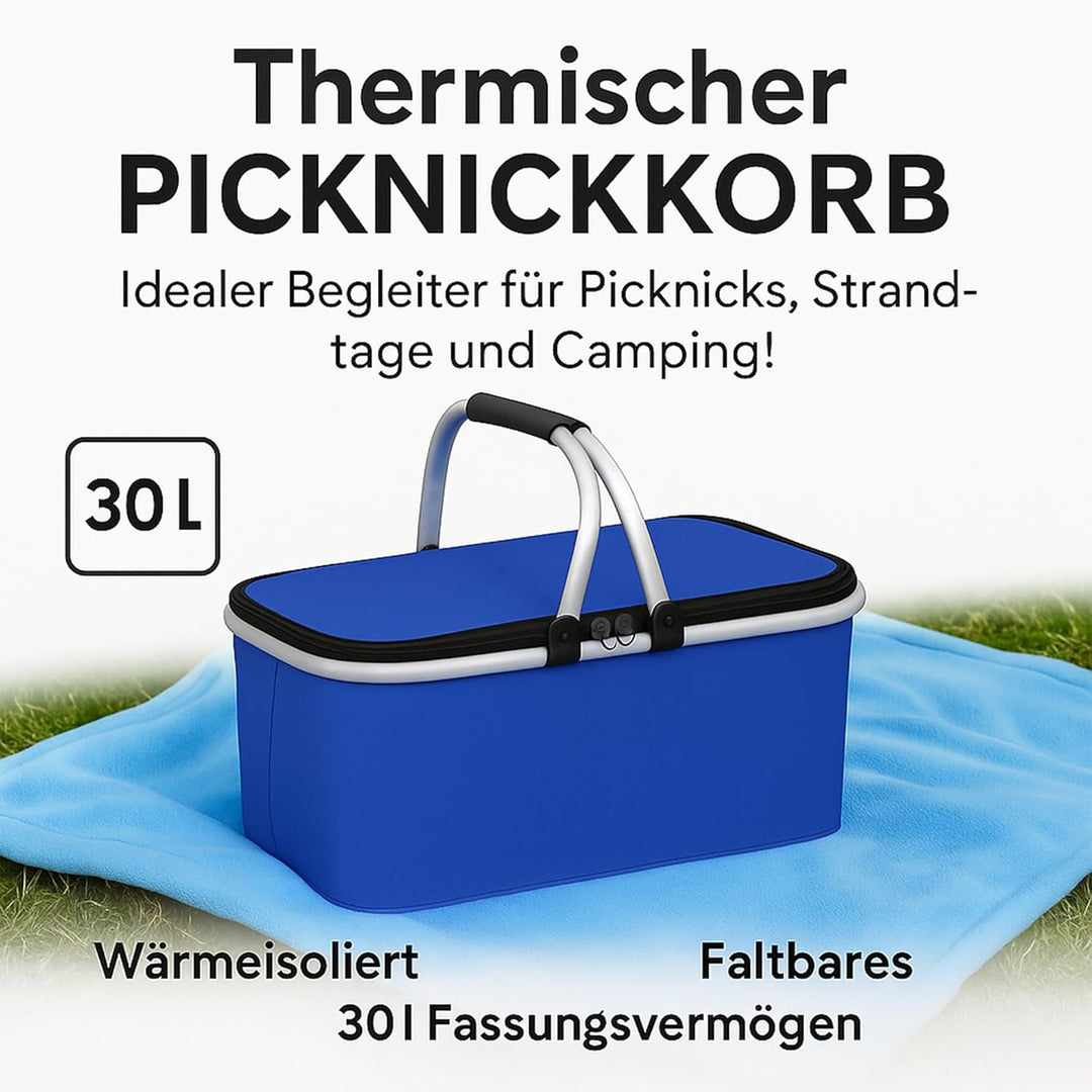 Kühltasche Gross 43x23x21 cm - Isolierte Picknickkorb Thermo mit Aluminiumrahmen - Kühlkorb für Büro