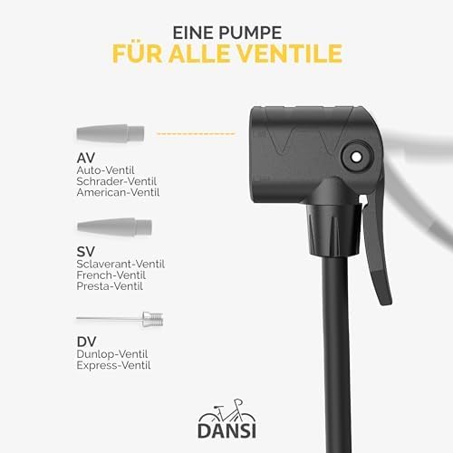 DANSI Stand-Fahrradpumpe alle Ventile AV, SV, DV - Luftpumpe Fahrrad Inklusive Grossem Manometer, Ad
